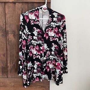 Chicos Top Womens 1 Medium Floral Black Popover Tunic Blouse Vneck